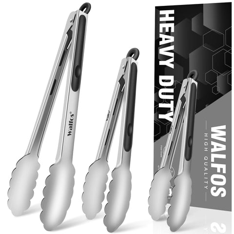 Walfos 7-inch kitchen tongs with non-slip grip for precise flipping