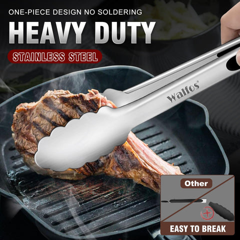 Walfos 9-inch tongs designed for easy grill maneuverability
