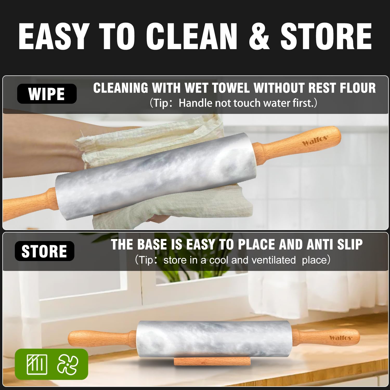 Walfos marble rolling pin set in use on dough for pie crust