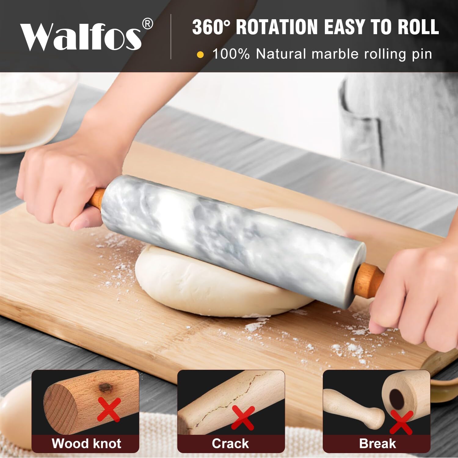 Walfos marble rolling pin cradle shown for safe storage