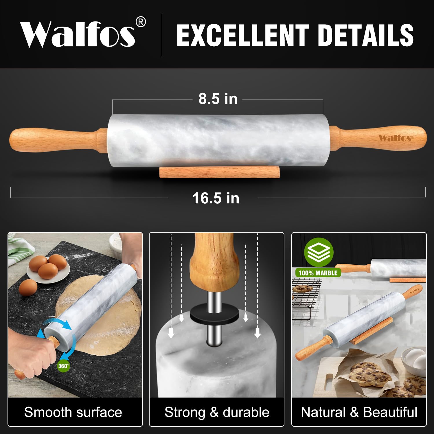 Walfos marble rolling pin with wooden handles for comfortable grip