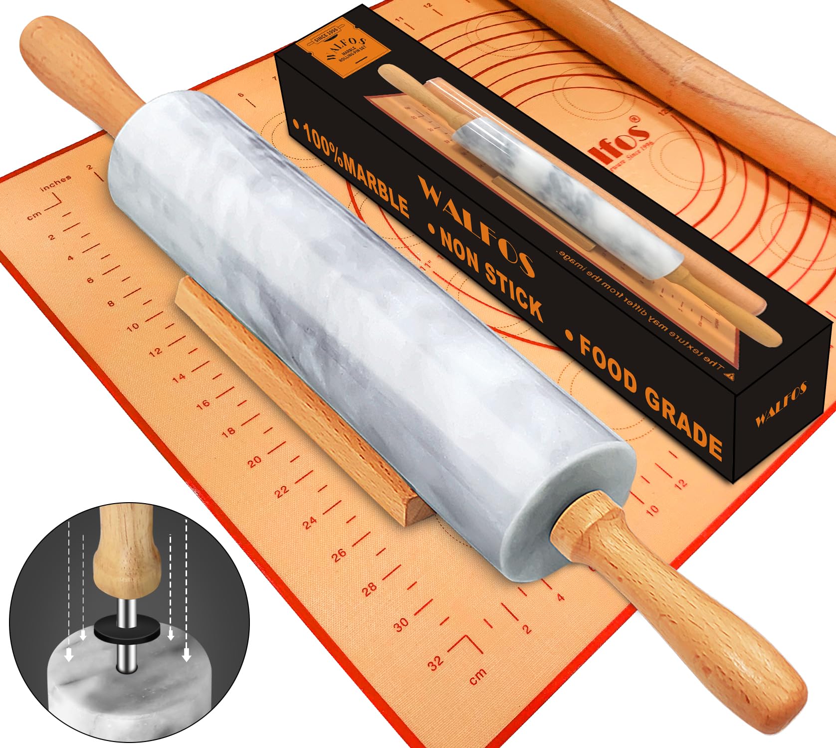 Walfos marble rolling pin with wooden handles for smooth dough rolling