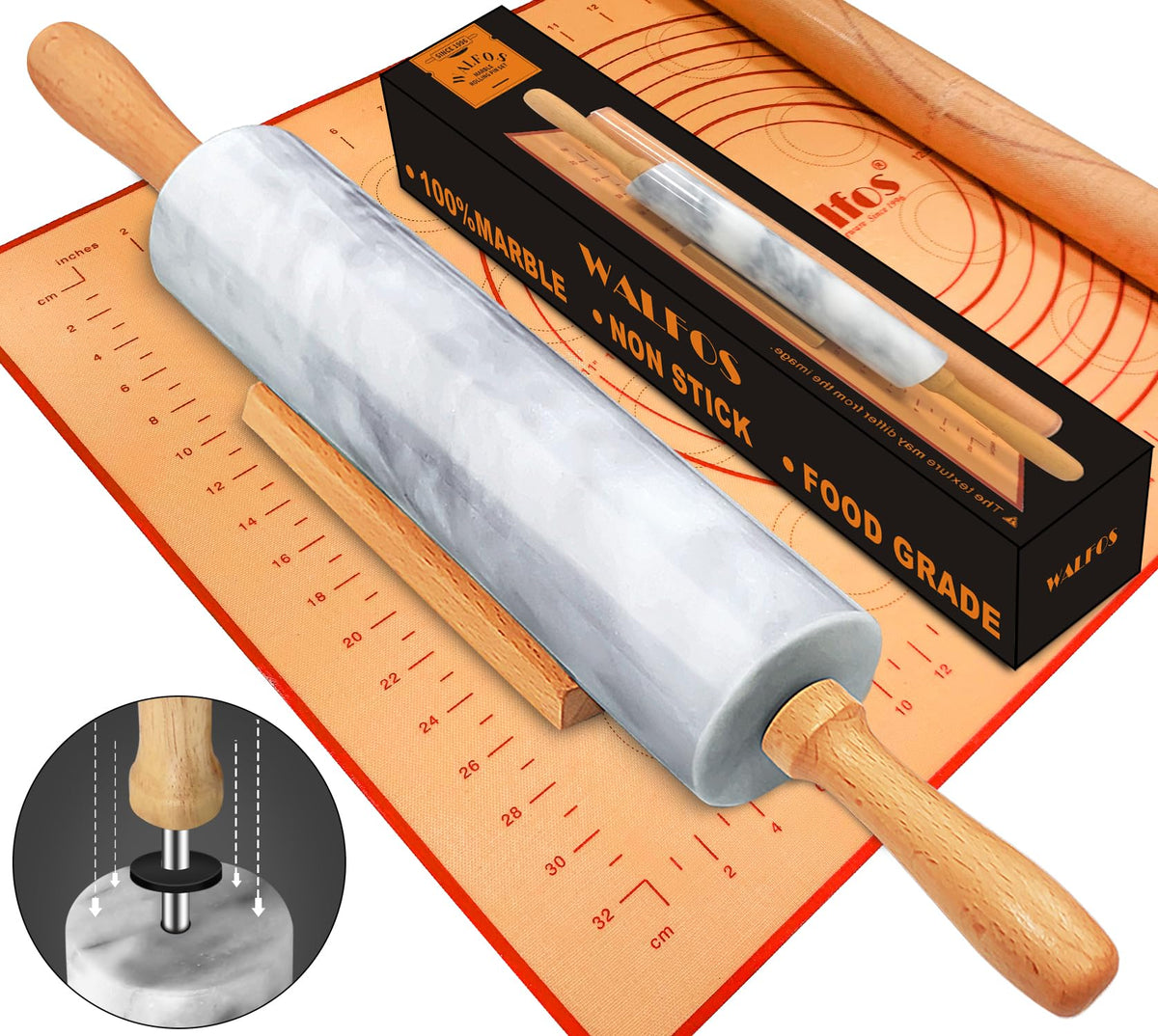 Walfos marble rolling pin with wooden handles for smooth dough rolling