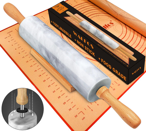 Walfos marble rolling pin with wooden handles for smooth dough rolling