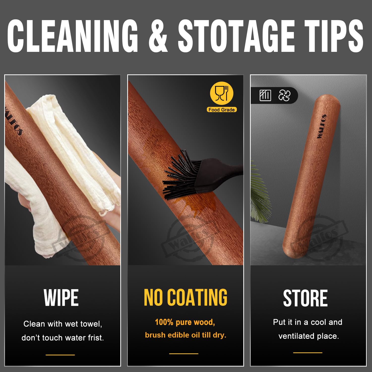Walfos rolling pin set with baking mat and scale shows non-stick surface.