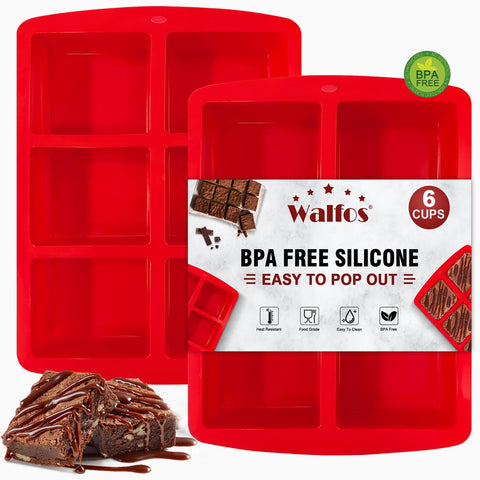 Walfos mini silicone brownie pan with six square cavities for easy batch baking.