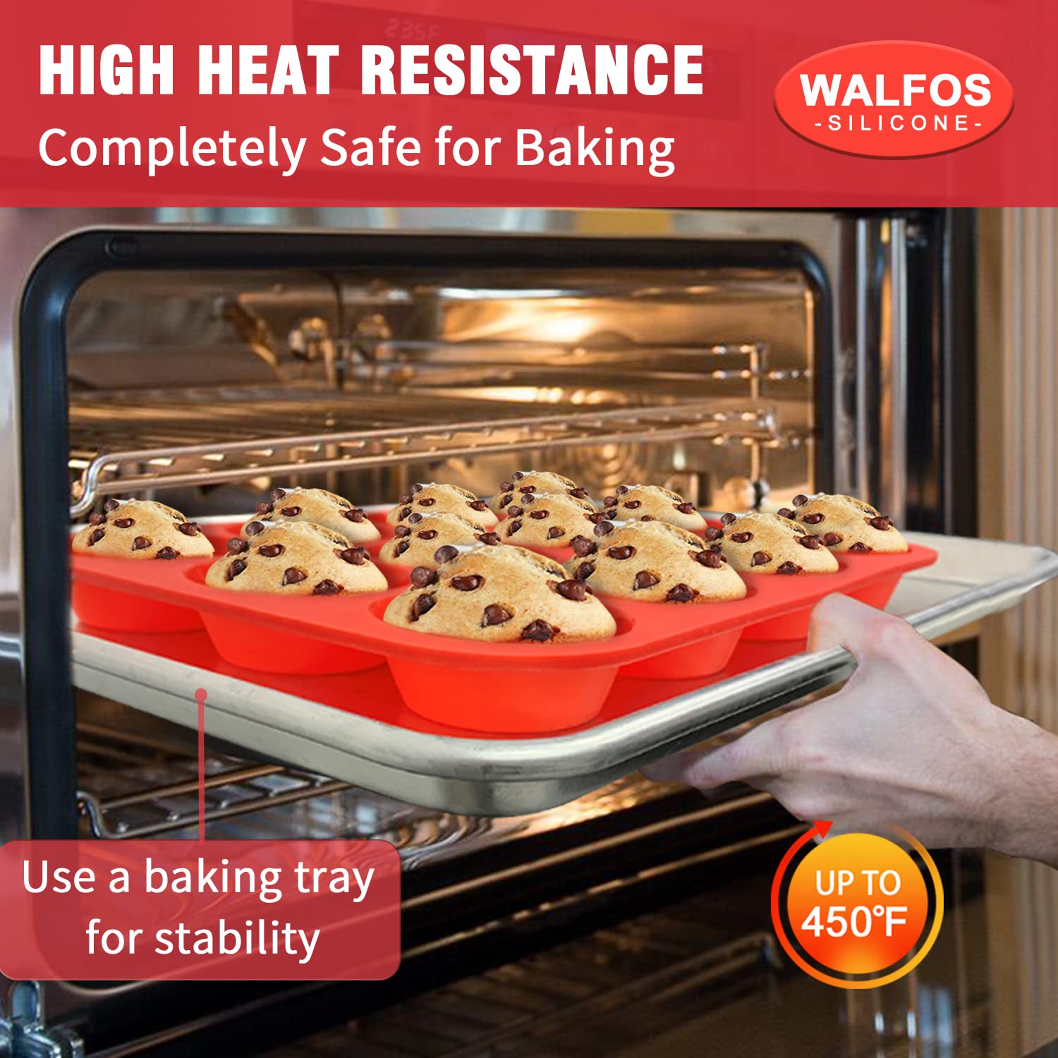 Muffins baking in Walfos silicone pan deliver even browning and easy release.