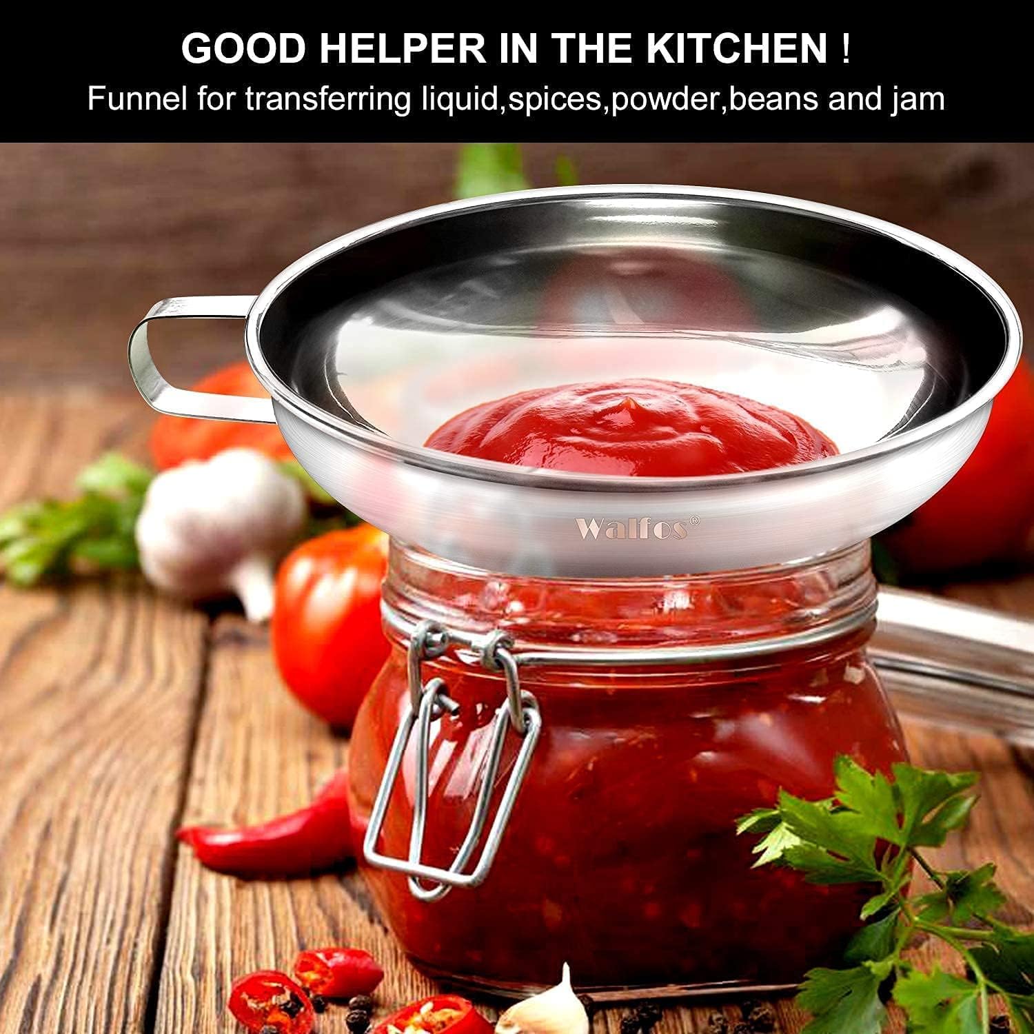 Walfos versatile kitchen funnel for canning, spices, grains, and more