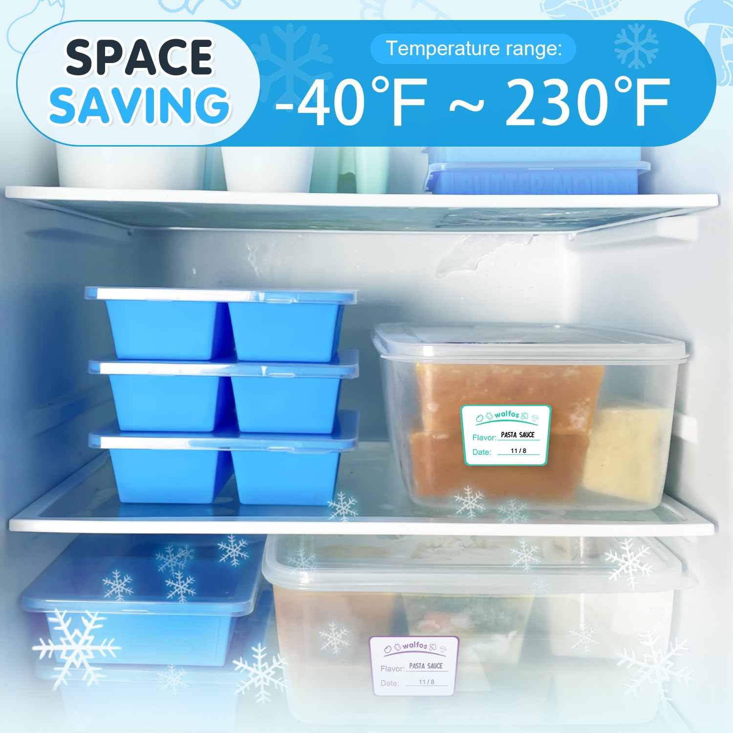 Walfos non-stick silicone freezer tray demonstrates easy release of frozen cubes.
