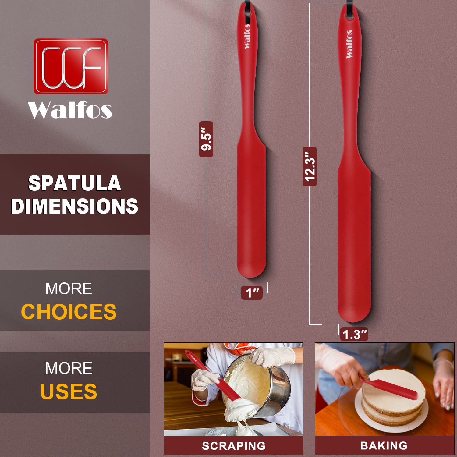 Walfos one-piece design spatula showing durable stainless steel core for long-lasting use.