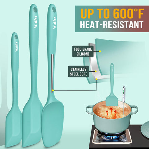 Walfos one-piece silicone spatula prevents food from trapping during mixing.