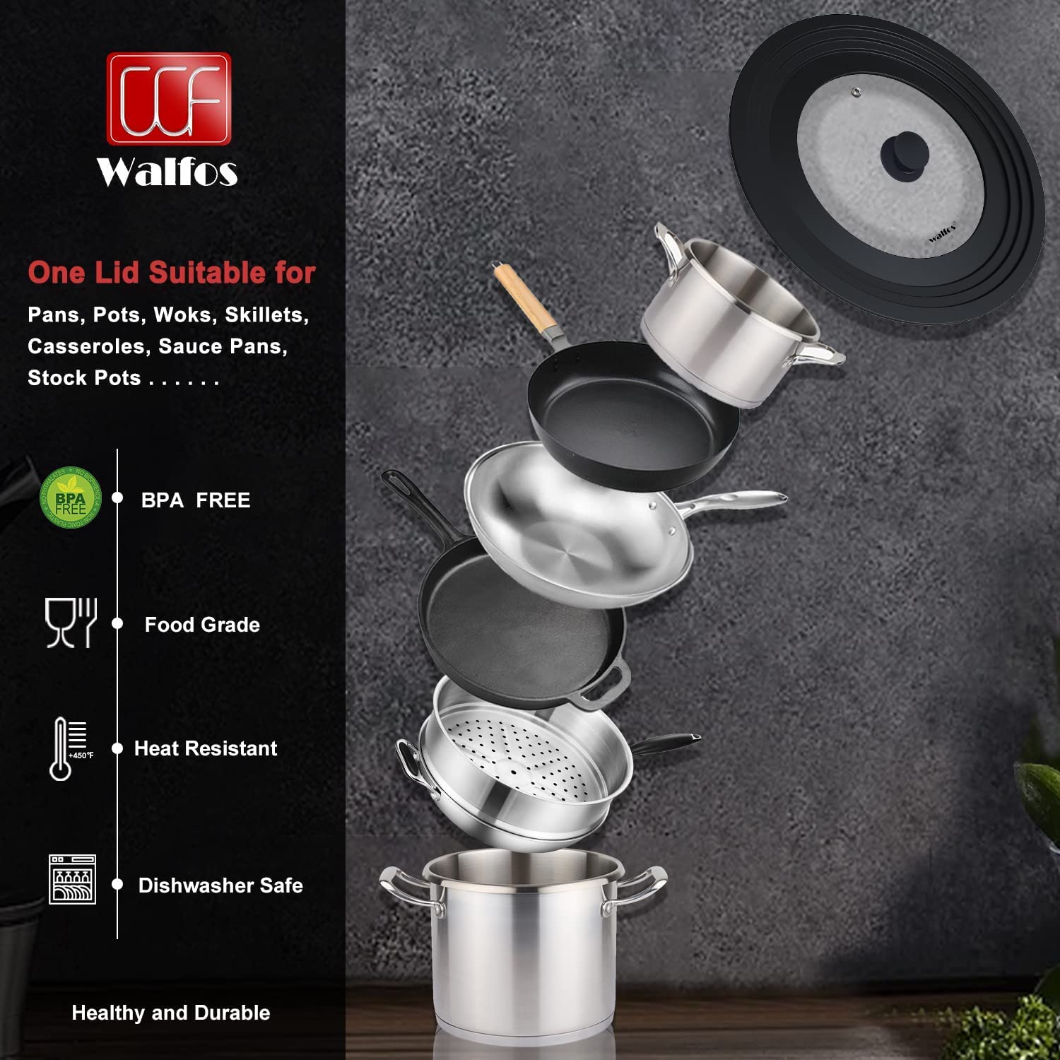 Walfos lid steam vent design helps prevent boil overs during simmering