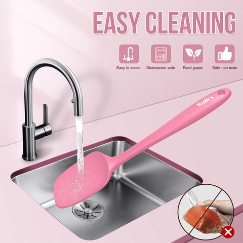 Walfos pink spatula set with ergonomic grip for comfortable mixing and scraping.