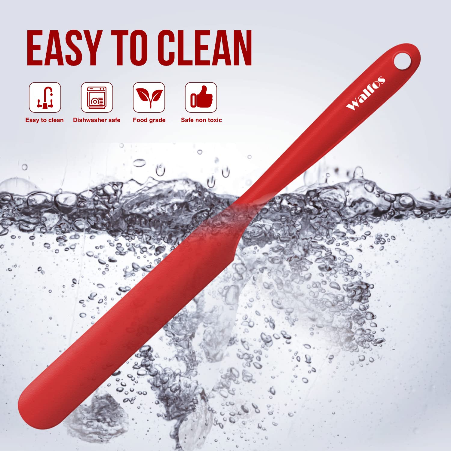 Walfos red kitchen spatula multi-use for prep, mixing, and spreading.