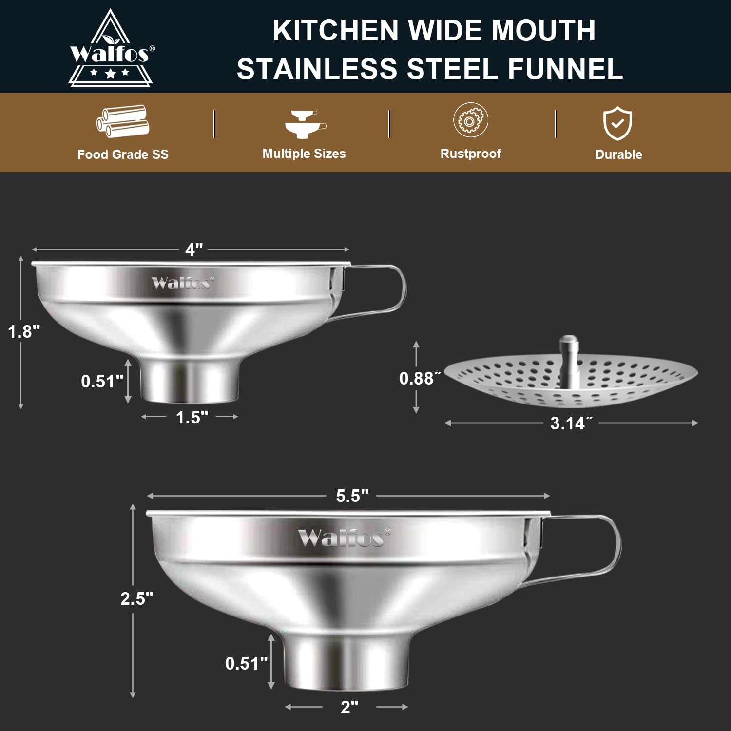 Walfos funnel with removable strainer prevents clogs during transfers
