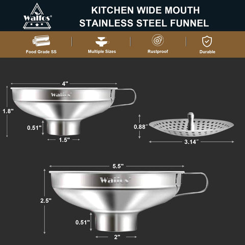 Walfos funnel with removable strainer prevents clogs during transfers
