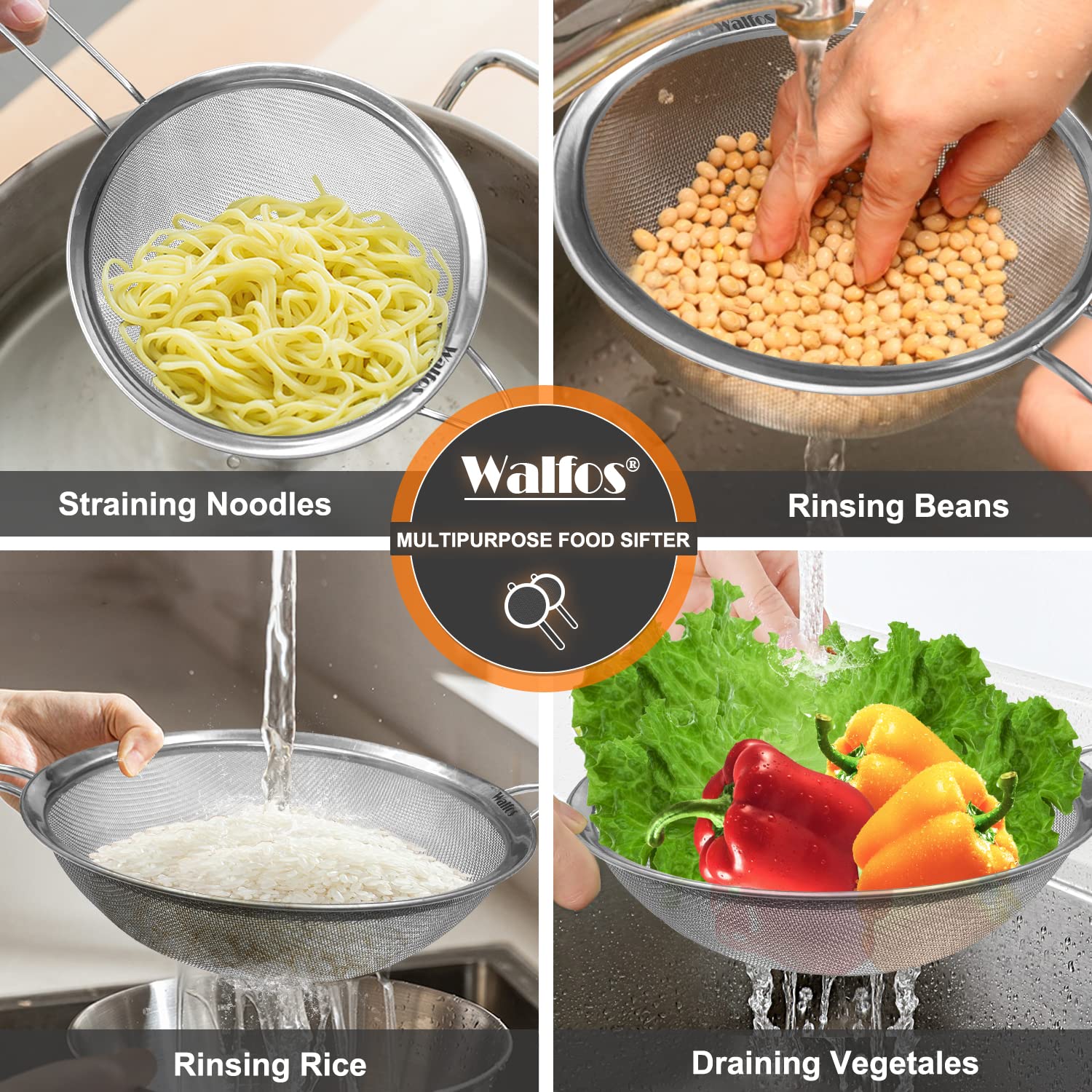 Walfos sealed steel ring prevents food wedging between mesh and rim.