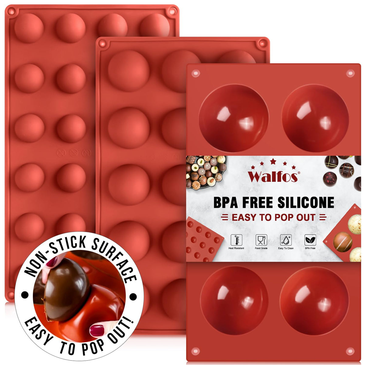 Walfos semi-sphere mold 6-cup set; easy release for uniform chocolates.