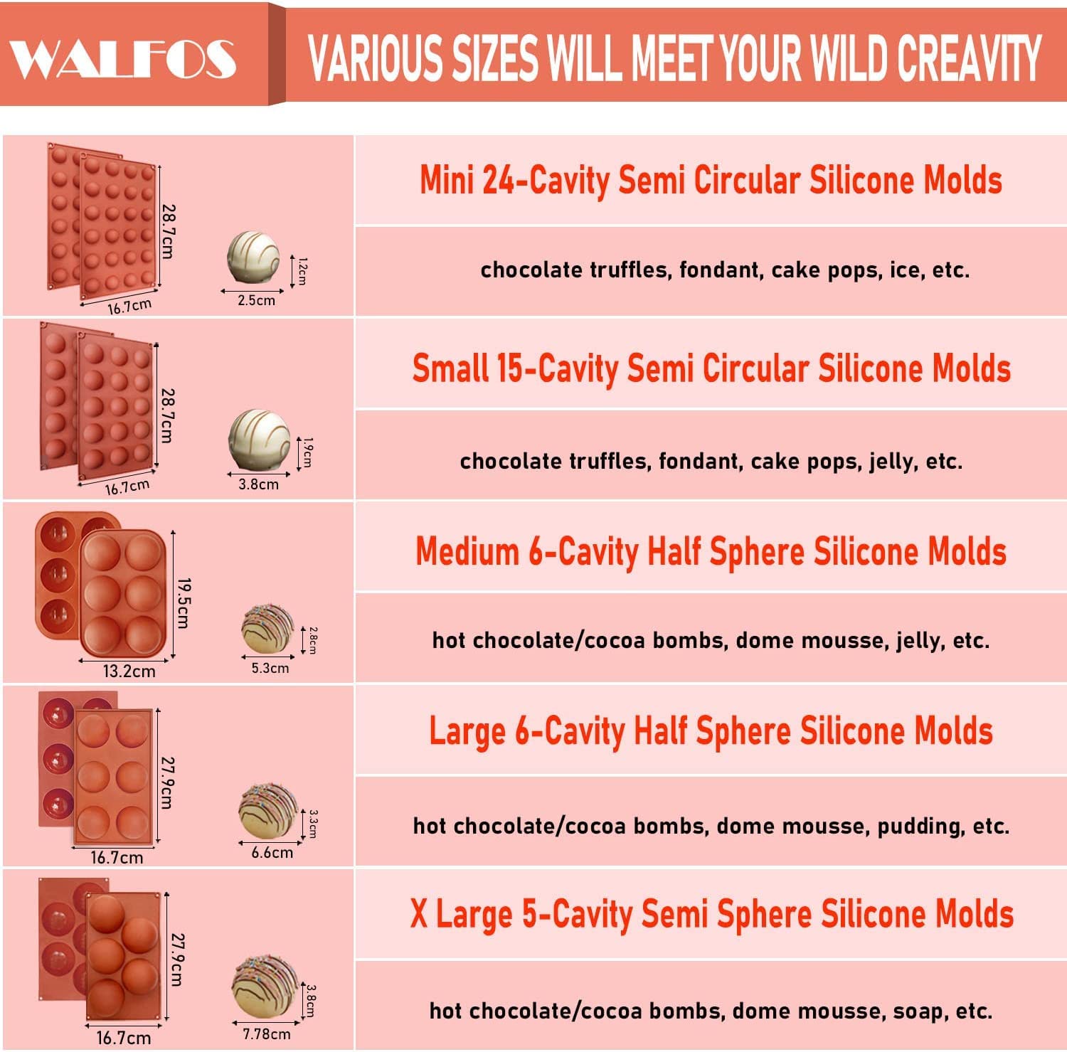 Walfos semi-sphere mold; dishwasher-safe for quick cleanup.
