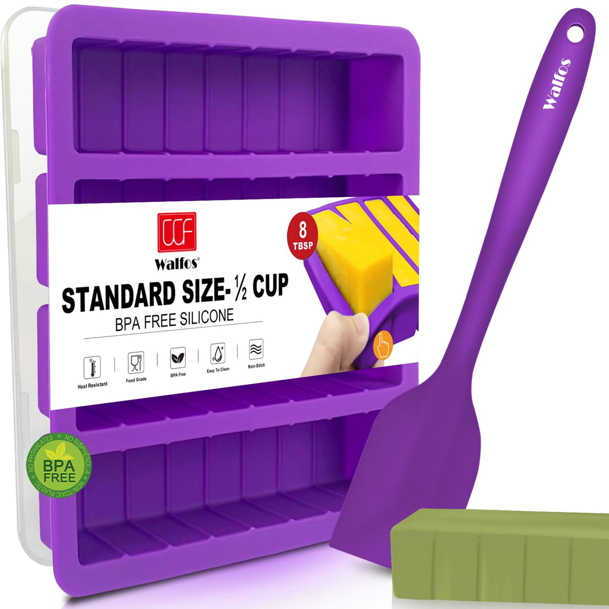 Walfos silicone butter mold with lid, showcasing precise portions and storage capability.