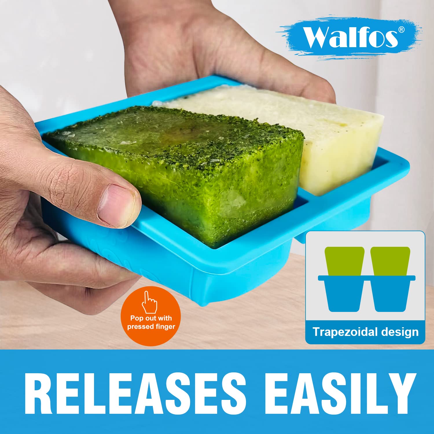 Walfos silicone freezer mold with four filling lines for 1 cup and 1/2 cup portions.