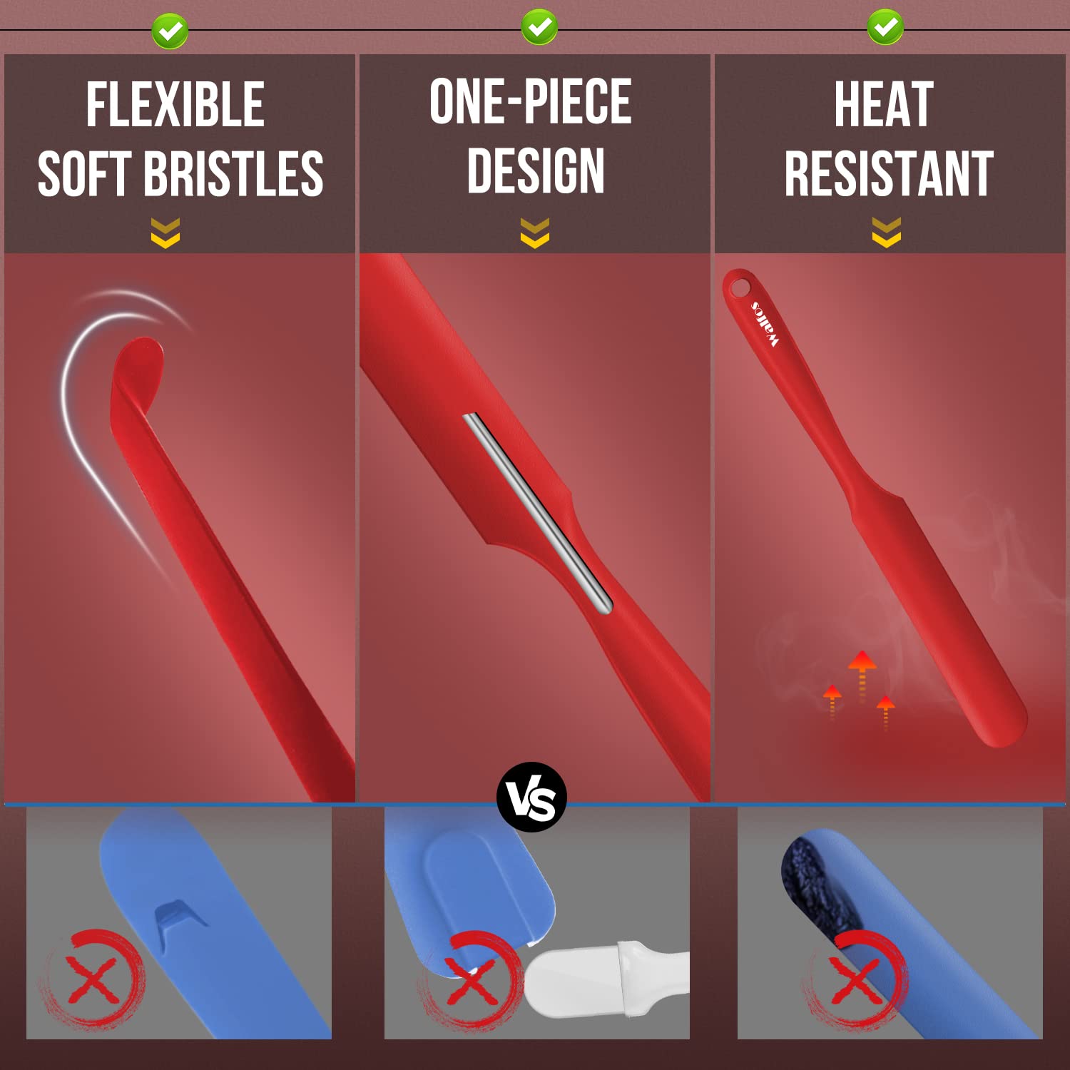 Walfos jar-scraping spatula in red, captures contents from tall jars efficiently.