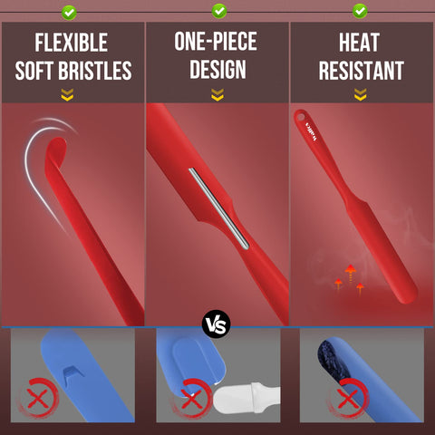 Walfos jar-scraping spatula in red, captures contents from tall jars efficiently.
