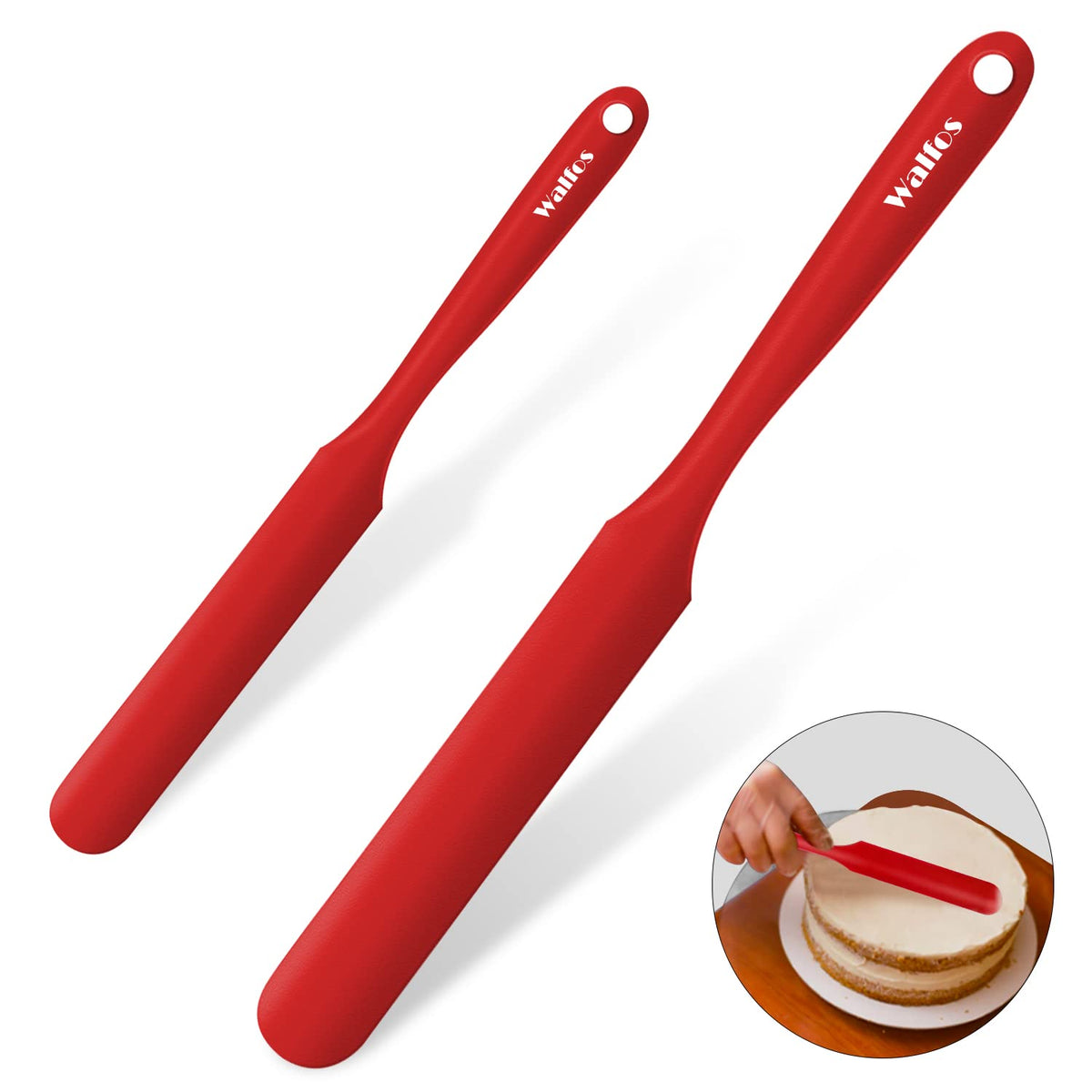 Walfos silicone jar spatula set in red, two-piece, ideal for batter and scraping jars.