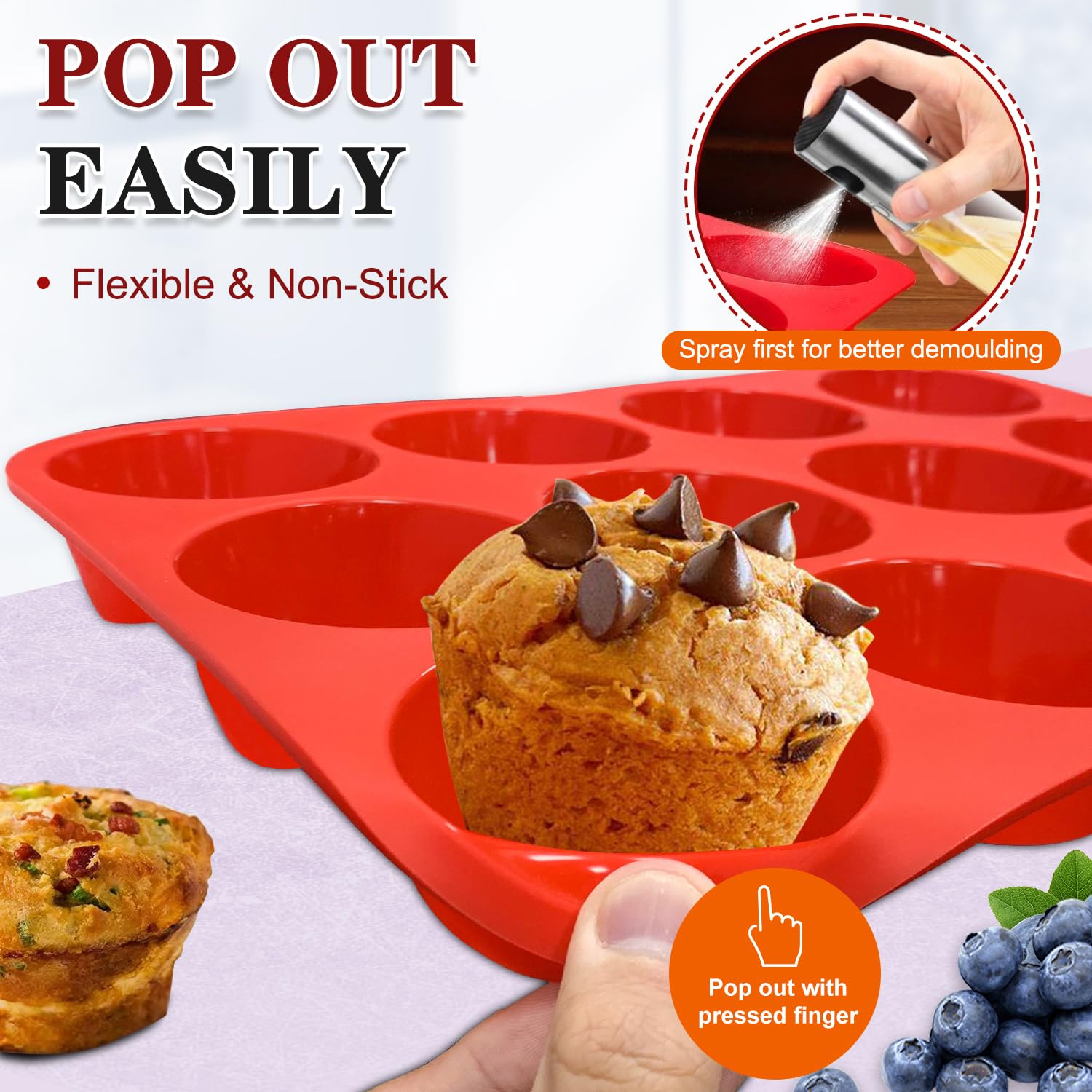 Closeup of flexible Walfos silicone muffin pan showing non-stick surface.