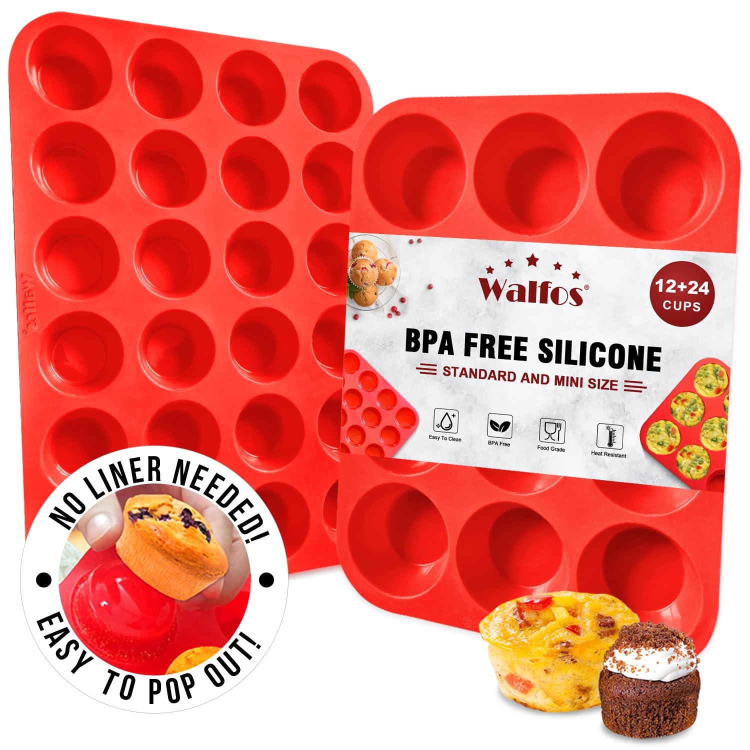 Walfos silicone muffin pan regular 12 cups on counter for easy release muffins.