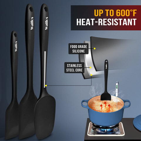 Walfos silicone scraper spatula shows precise scraping and flipping in pans.