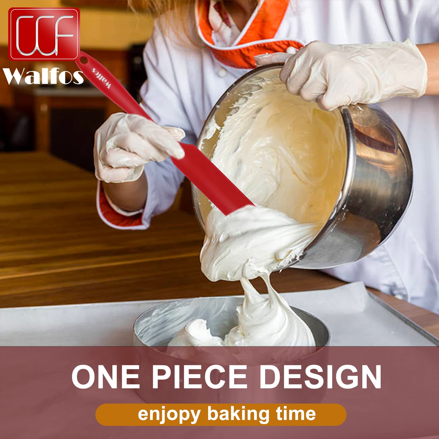 Walfos batter-mixing spatula in red, flexible edge for smooth blending.