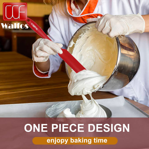 Walfos batter-mixing spatula in red, flexible edge for smooth blending.
