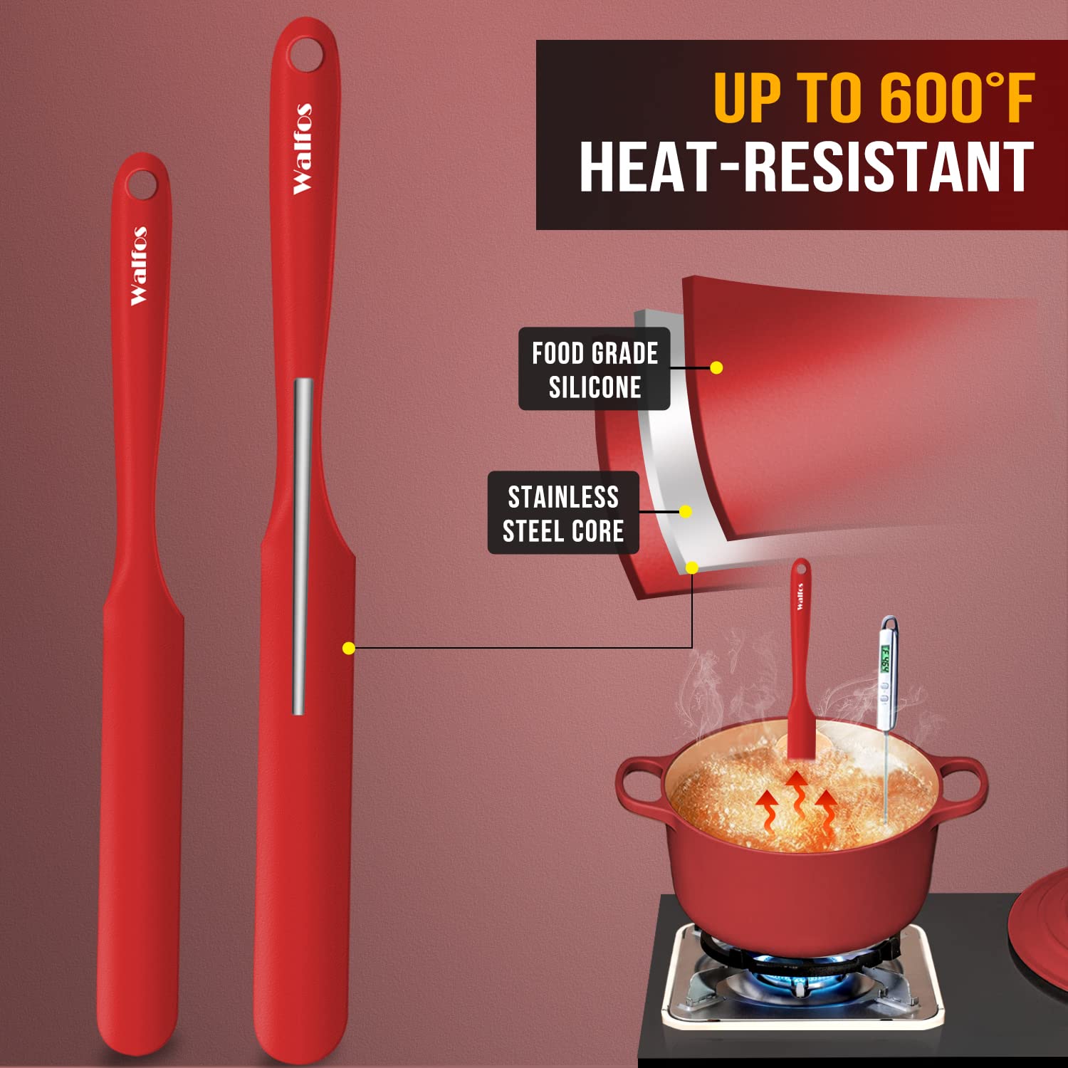 Walfos red silicone spatula, dishwasher safe for quick cleanup after cooking.
