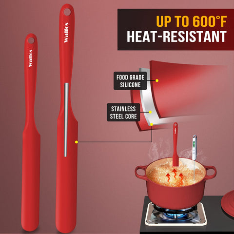 Walfos red silicone spatula, dishwasher safe for quick cleanup after cooking.