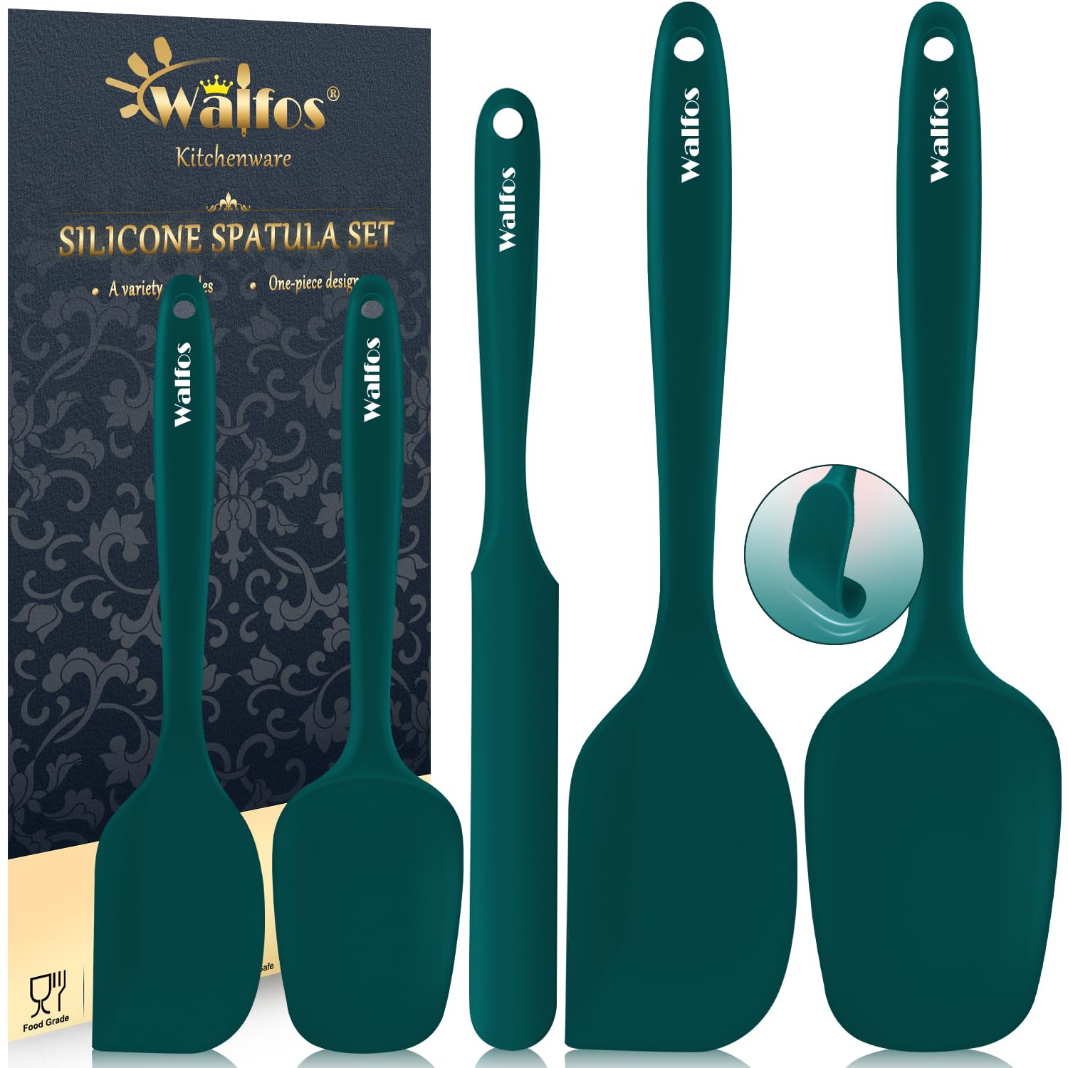 Walfos silicone spatula set with 600°F heat resistance for high-heat cooking.