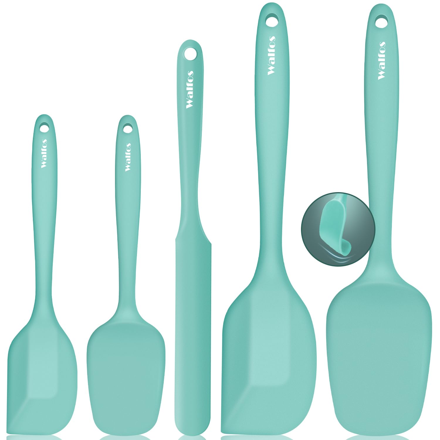 Walfos silicone spatula set in teal shows 600°F heat resistance for high-heat cooking.