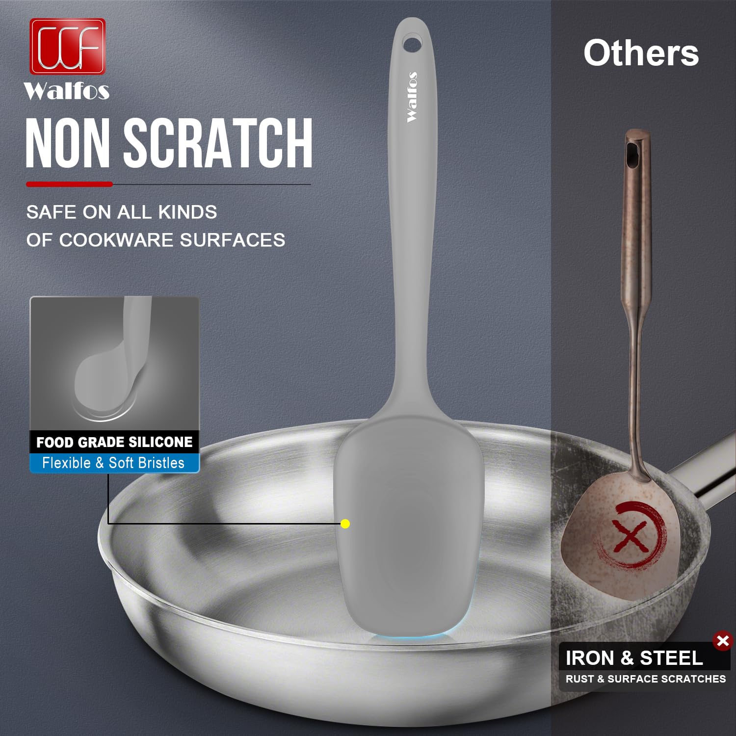 Walfos spatula set includes a stainless steel core for durable, long-lasting performance.