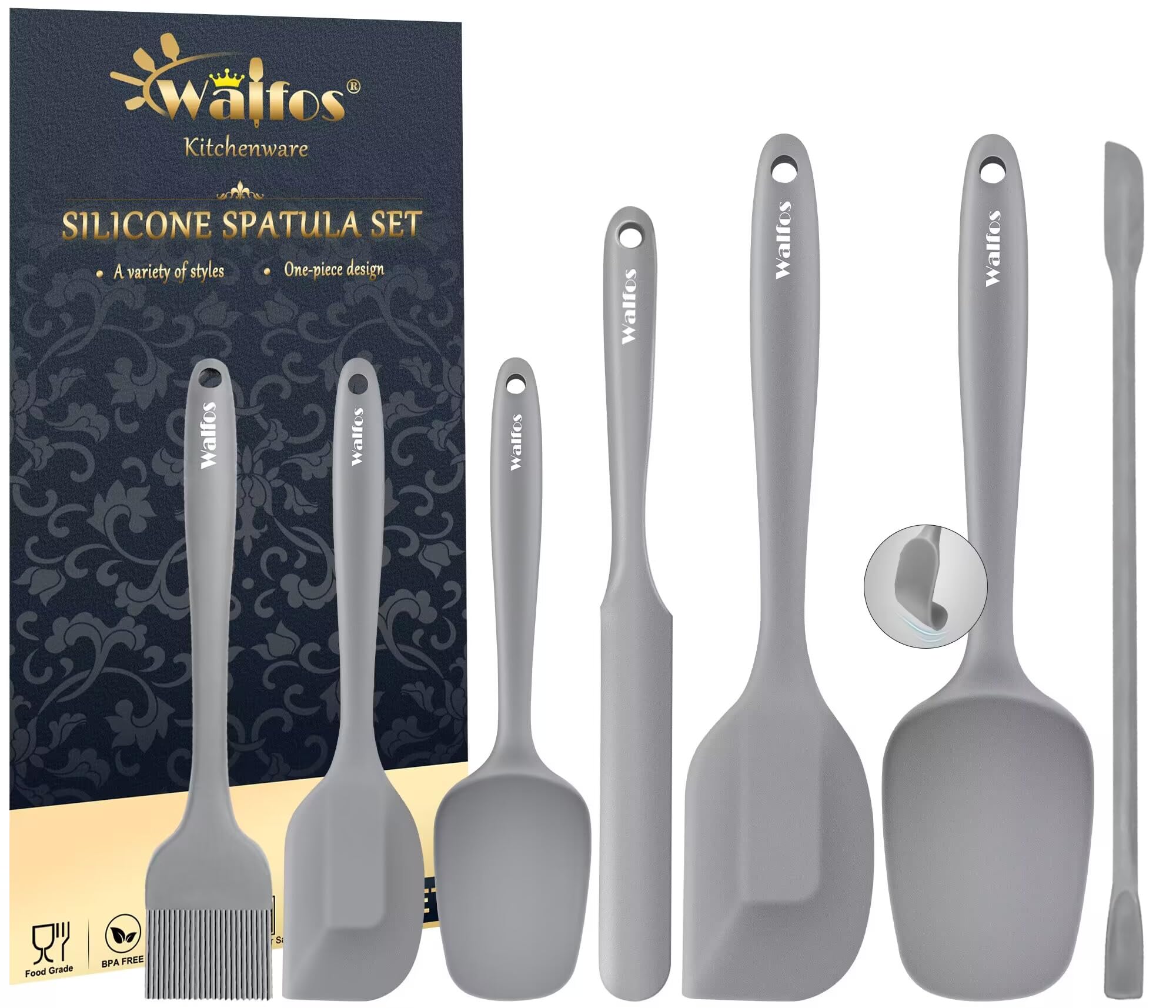 Walfos 7-piece silicone spatula set with varied sizes for precise stirring and scraping.