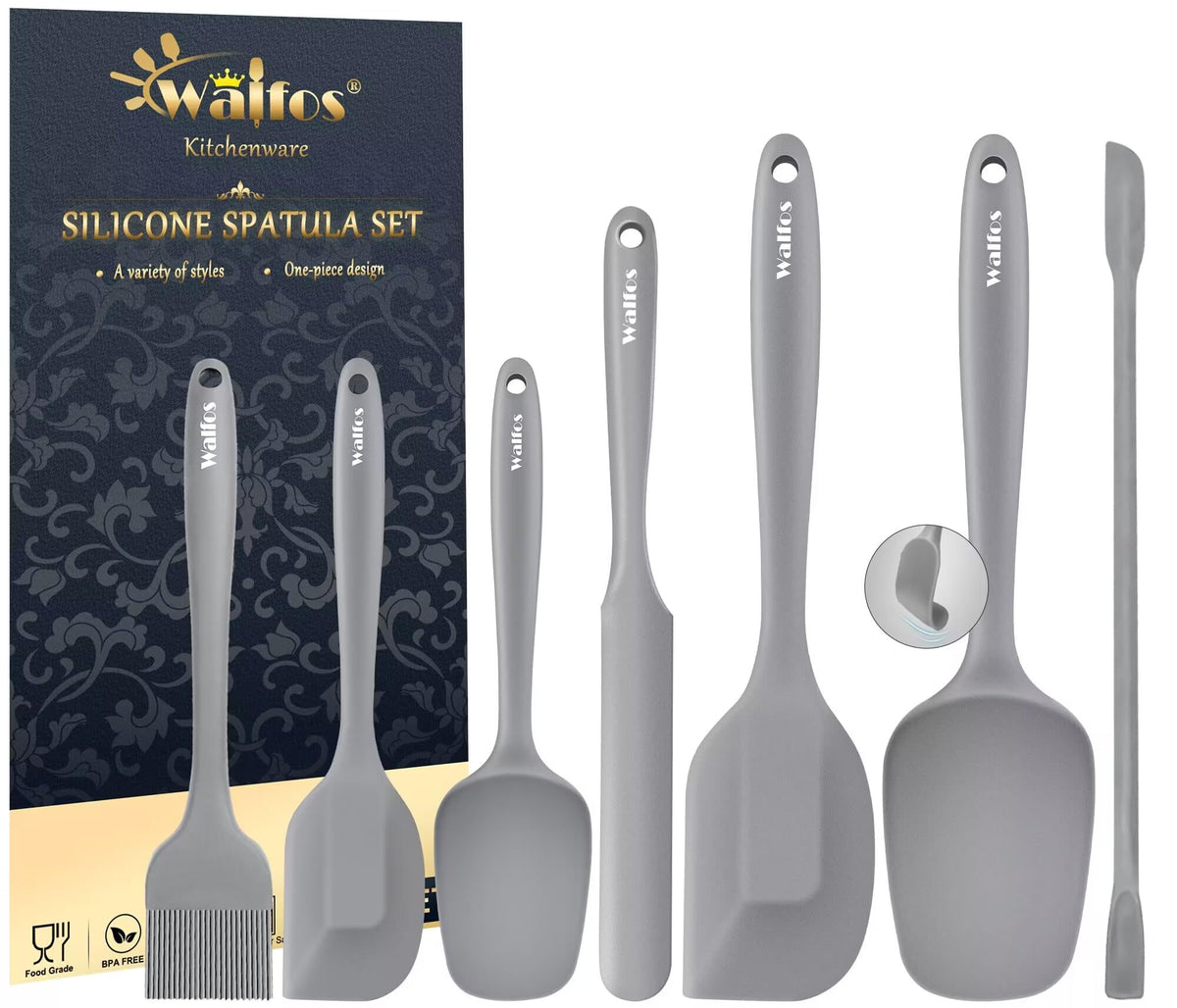 Walfos 7-piece silicone spatula set with varied sizes for precise stirring and scraping.