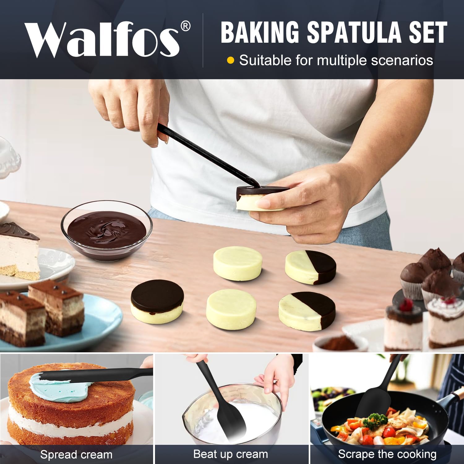 Walfos silicone spoon spatula illustrates mixing and scraping on non-stick surfaces.