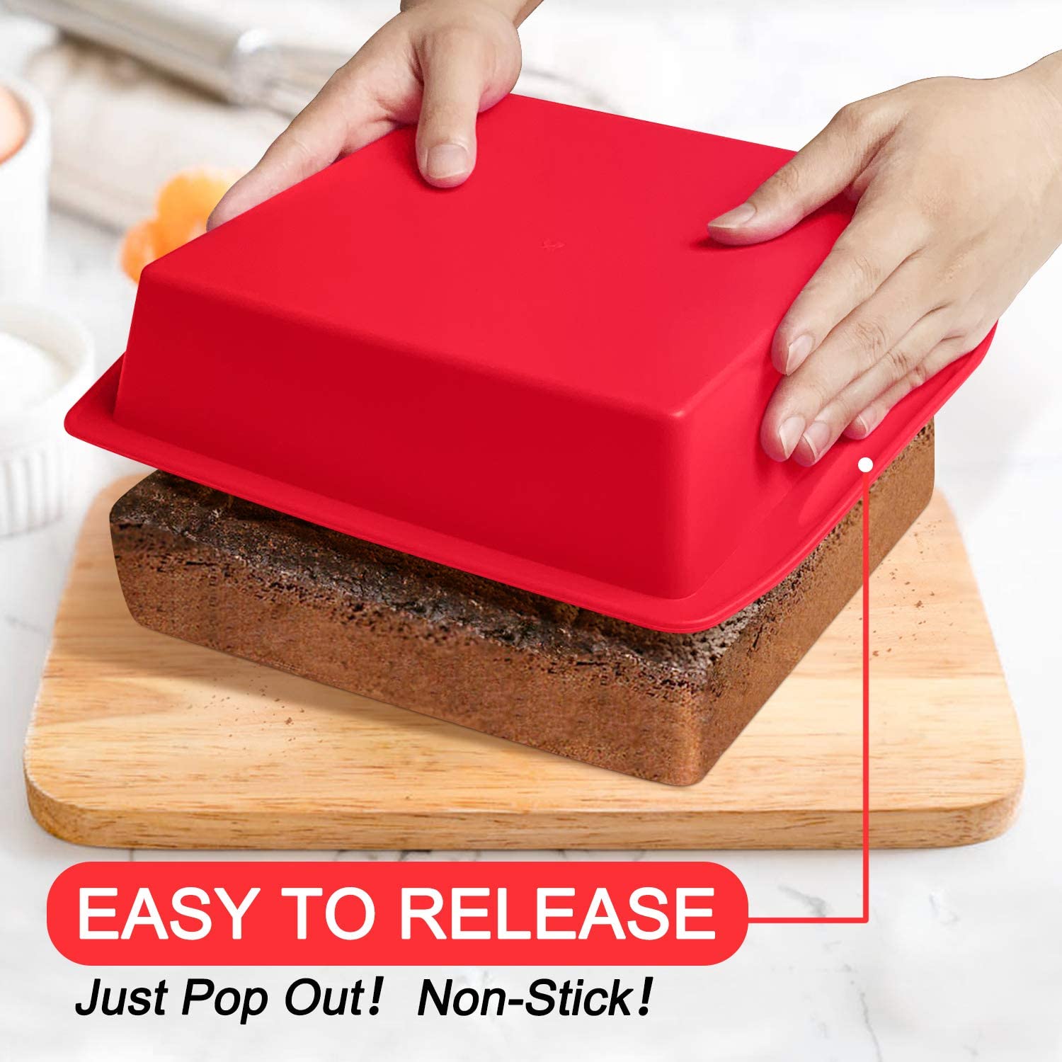 Walfos silicone square pan interior close-up, oven-safe up to 446℉.