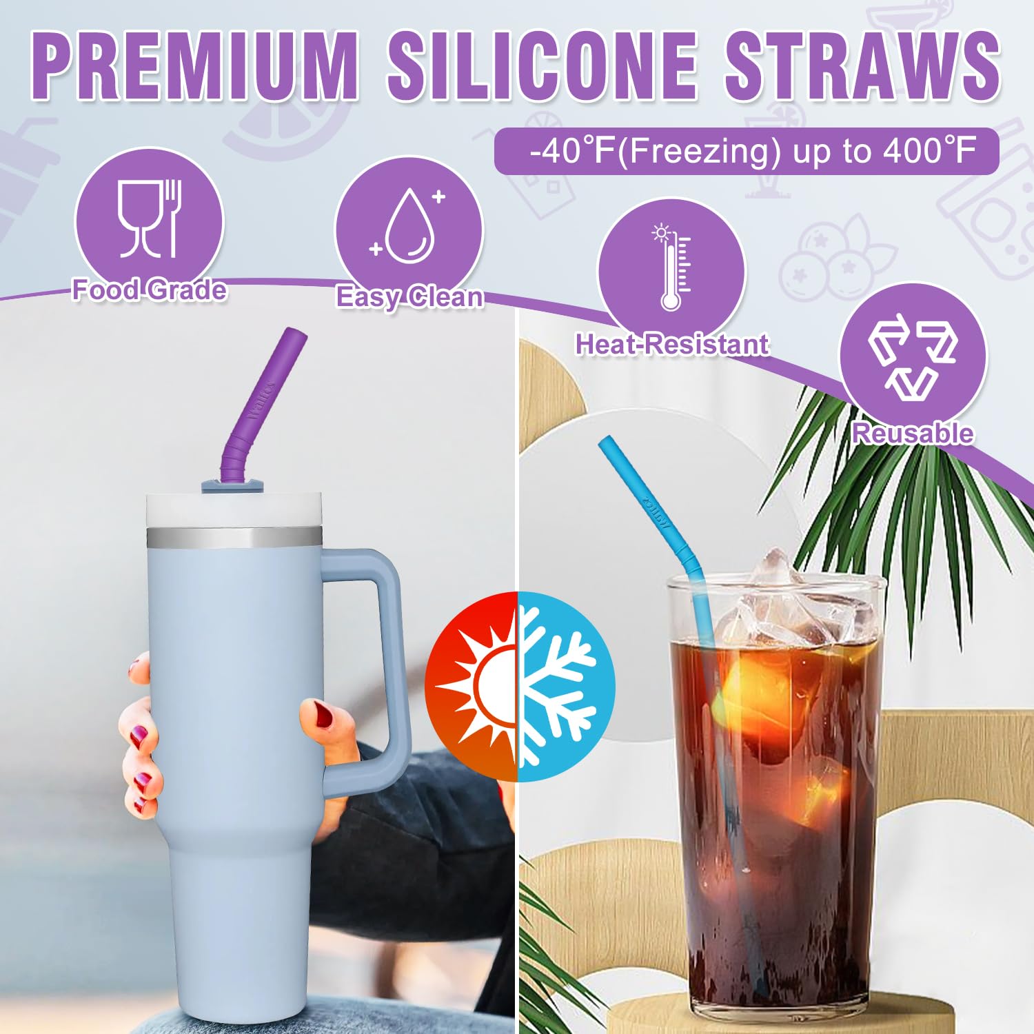 Walfos 10-inch silicone straw flexible for easy sipping.