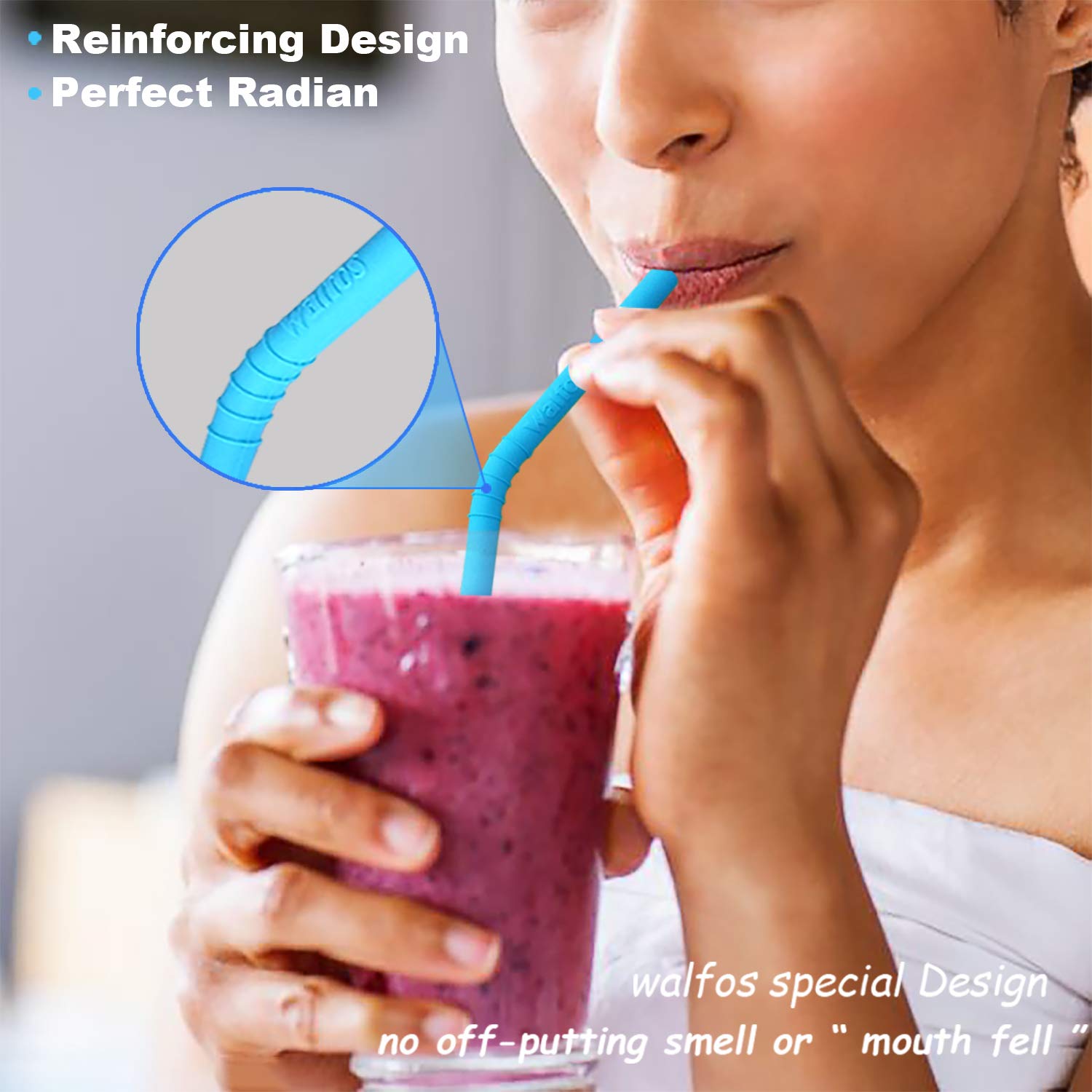 Walfos silicone straw in tumbler with smoothie highlighting eco-friendly reuse.