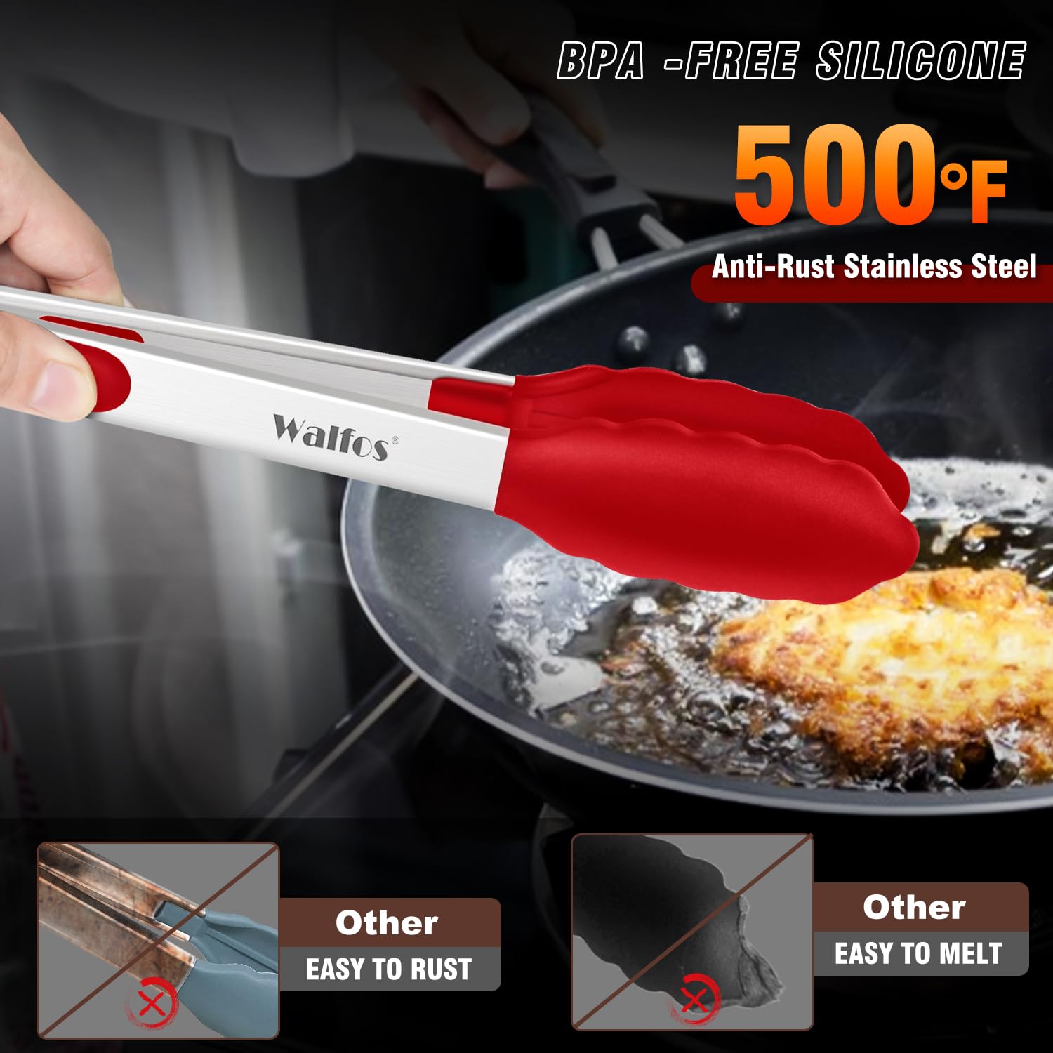 Walfos 12-inch silicone tongs ready for grilling and large portions.