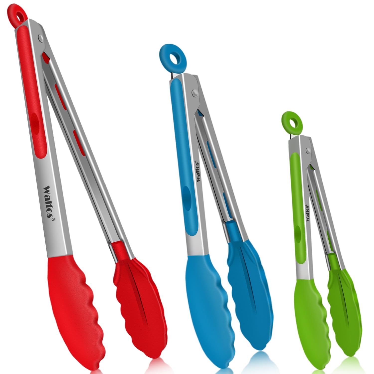 Walfos 7-inch silicone tongs flipping vegetables with non-stick tips.