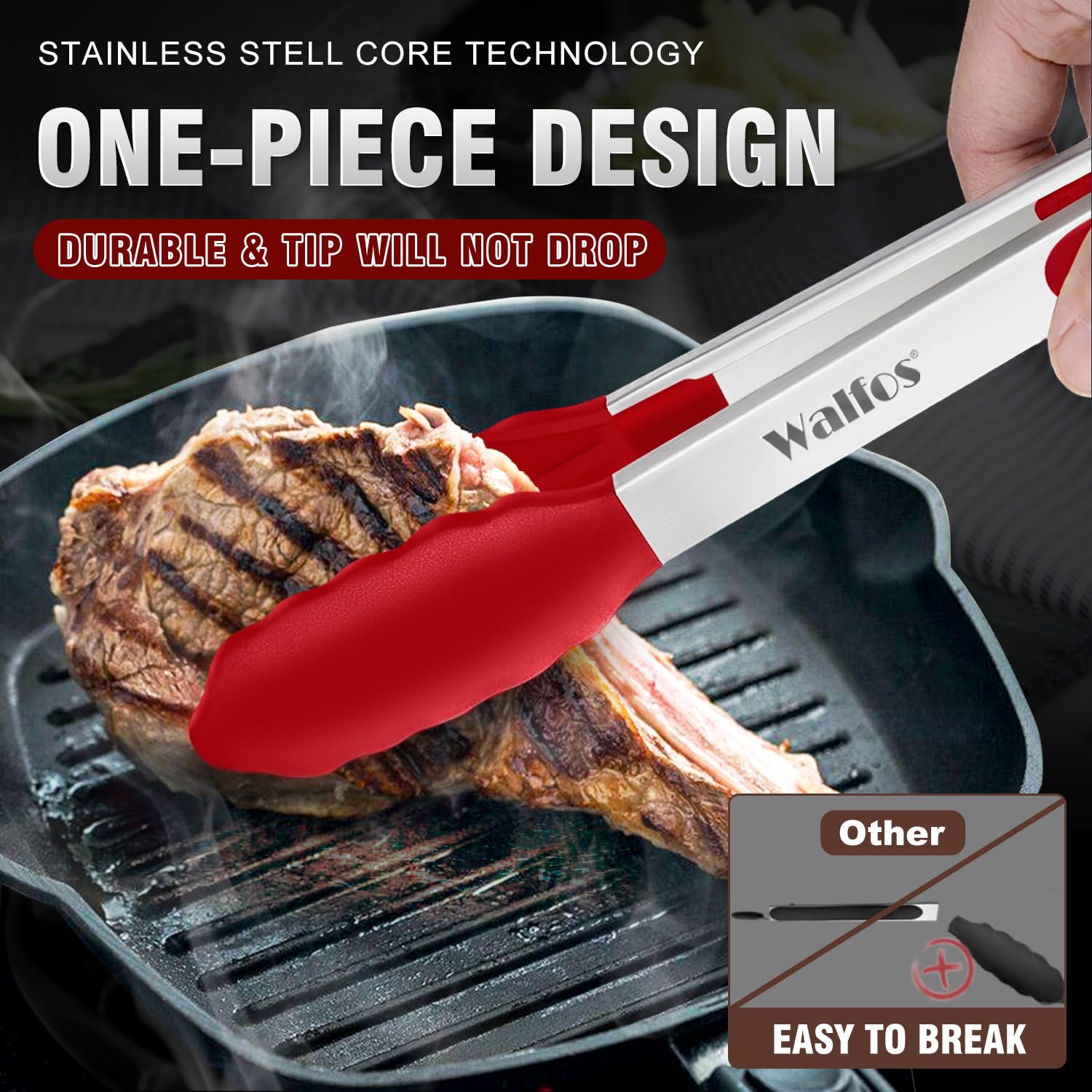 Walfos 9-inch silicone tongs gripping a steak with heat resistant silicone.