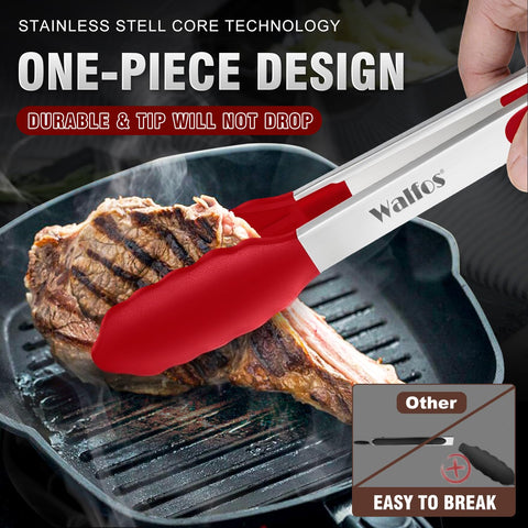 Walfos 9-inch silicone tongs gripping a steak with heat resistant silicone.