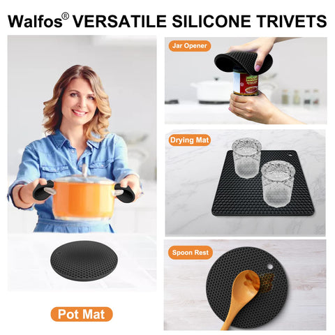 Walfos red trivet mat doubles as a drying mat to keep countertops dry