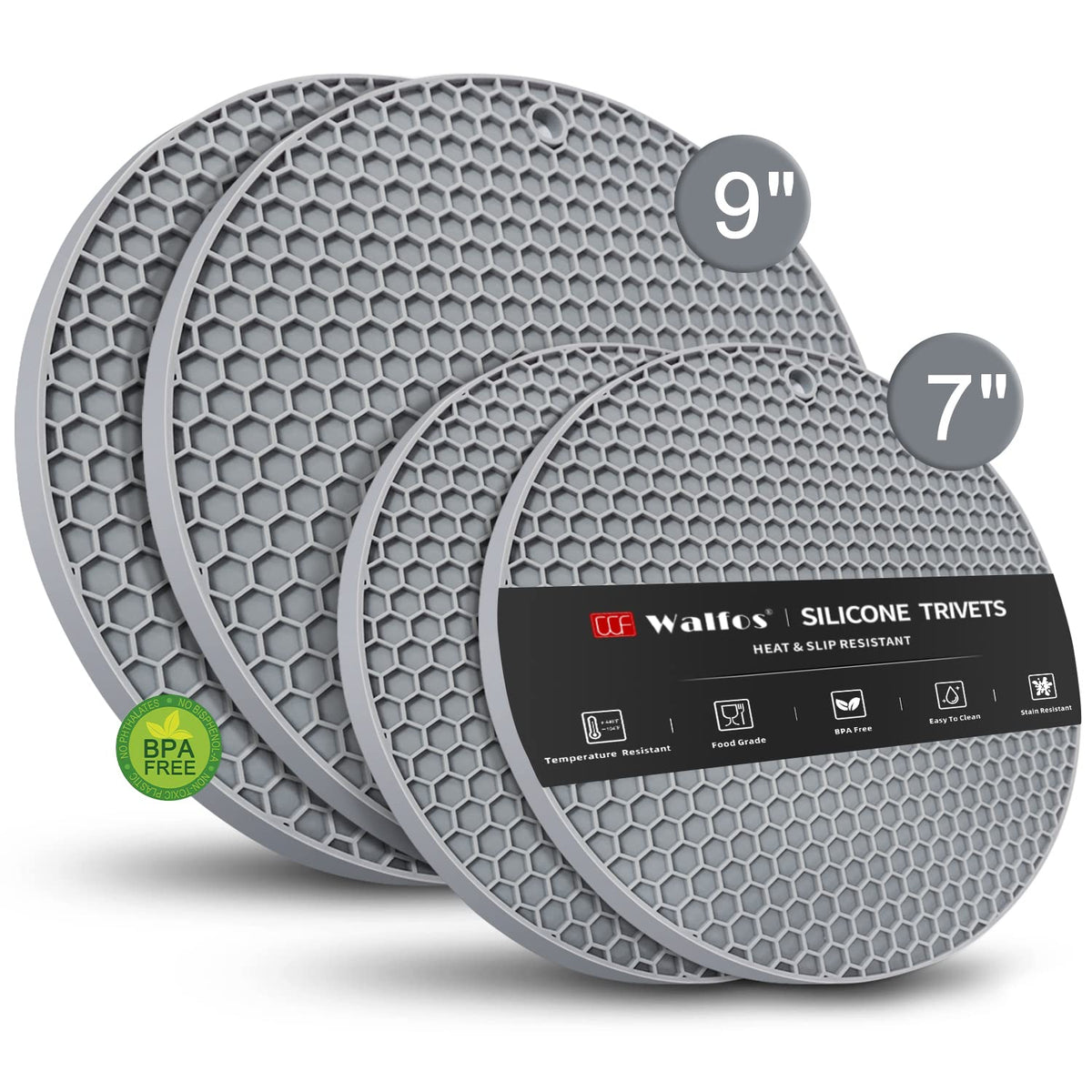 Walfos silicone trivet mats with a nonslip surface for secure pot placement.
